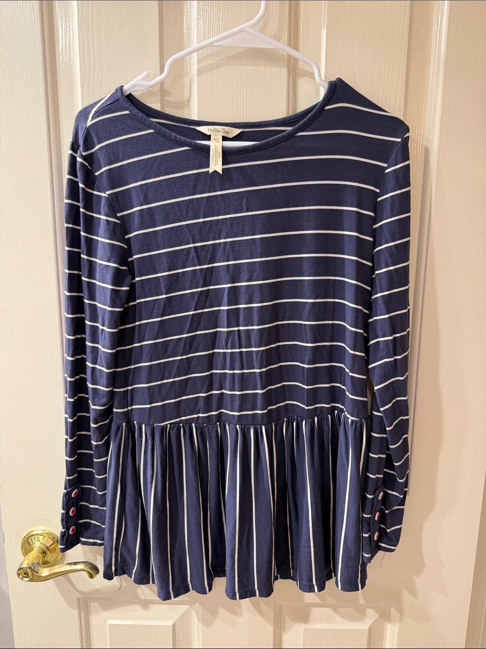 Like New XS Matilda Jane Navy and White Striped Long-Sleeve Peplum Top